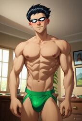 abs ai_generated biceps black_hair blush dc gay jockstrap jockstrap_only looking_at_viewer male male_only mask muscular muscular_male nipples pecs robin_(dc) smile teen_titans toned_body toned_male twall97