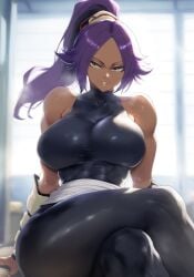 ai_generated big_breasts bleach dark-skinned_female fit_female indoors jaygoats legs_crossed lips long_hair looking_at_viewer mature_female purple_hair room shihouin_yoruichi smile thick_thighs