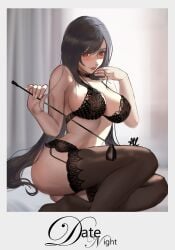 1girls arialla_draws big_breasts black_hair black_lingerie blush bra cleavage female final_fantasy final_fantasy_vii garter_straps hi_res lingerie lipstick long_hair looking_at_viewer nipples panties polaroid red_eyes smile solo stockings tifa_lockhart