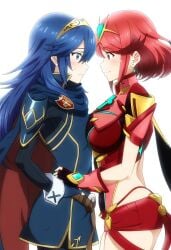 2girls ai_generated armor blue_dress blue_eyes blue_hair blush breast_press breast_size_difference breasts cape chest_jewel clothing crossover curvy earrings female female_only fingerless_gloves fire_emblem fire_emblem_awakening gloves hips huge_breasts jewelry long_hair looking_at_each_other lucina_(fire_emblem) multiple_girls nintendo pyra pyra_(xenoblade) red_eyes red_hair short_hair shorts simple_background small_breasts super_smash_bros. symmetrical_docking tiara waist_grab white_background xenoblade_(series) xenoblade_chronicles_2 yuri