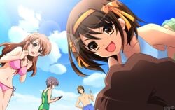 2boys 3girls artist_request asahina_mikuru bikini day everyone game_cg koizumi_itsuki kyon multiple_boys multiple_girls nagato_yuki photoshop_(medium) side-tie_bikini_bottom sos_brigade suzumiya_haruhi suzumiya_haruhi_no_yuuutsu swimsuit