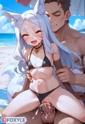 1boy 1girls ai_generated beach bikini cowgirl_position cum cum_in_pussy cum_inside cum_on_face female fox_ears fox_girl fox_tail foxyle happy kitsune looking_at_viewer open_mouth orgasm penis red_eyes sewayaki_kitsune_no_senko-san shiro_(sewayaki_kitsune_no_senko-san) small_breasts stomach_bulge vaginal_penetration vaginal_sex white_hair