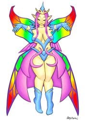 big_breasts crown empress_of_light fairy_wings hands_out long_hair nyctoniac pointy_ears revealing_clothes sleeves tagme terraria thick_thighs wings yellow_body yellow_skin