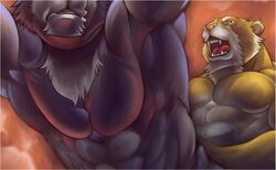 abs biceps big_muscles black_panther bomb_(artist) duo fangs feline furry furry_only gay green_eyes leopard male mammal muscles open_mouth panther pecs pink_nose sex teeth tiger toned tongue