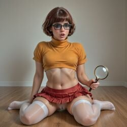 1girls ai_generated brown_hair cameltoe clothed female glasses panties realistic scooby-doo short_hair skindentation skirt thighhighs velma_dinkley