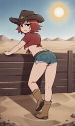 ai_generated ass bigmic145 black_eyes breasts cleavage cowboy_boots cowboy_hat farmgirl female female_only freckles freckles_on_face front-tie_top jean_shorts jeans kim_pine legs medium_breasts midriff navel netflix red_hair scott_pilgrim scott_pilgrim_takes_off solo solo_female underboob