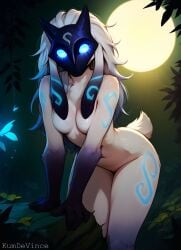 ai_generated animal_ears anthro arm_support ass bangs blue_eyes body_fur body_markings breasts clothing completely_nude female forest from_behind fur furry furry_female glowing glowing_eyes grey_hair hands_on_own_ass horns kindred_(league_of_legends) kumdevince lamb_(league_of_legends) large_breasts league_of_legends long_hair looking_at_viewer looking_back mask medium_breasts mole moon nature navel night nude outdoors riot_games shiny shiny_hair sideboob solo standing sweat tail tattoo thighs tree white_hair