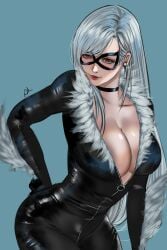 1girls arialla_draws big_breasts black_cat_(cosplay) bodysuit breasts choker cleavage clothed crossover_cosplay domino_mask earrings female final_fantasy final_fantasy_vii hand_on_hip long_hair looking_at_viewer marvel marvel_comics red_eyes skin_tight smile solo spider-man_(series) tifa_lockhart unzipped unzipped_bodysuit voluptuous white_hair