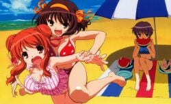 3girls absurdres arm_grab asahina_mikuru barefoot bikini breasts brown_hair eating feet food fruit hairband hands highres large_breasts multiple_girls nagato_yuki official_art orange_hairband plaid_bikini plaid_clothes print_bikini short_hair star_(symbol) star_print striped_bikini striped_clothes suzumiya_haruhi suzumiya_haruhi_no_yuuutsu swimsuit takemoto_yasuhiro tears umbrella vertical-striped_bikini vertical-striped_clothes watermelon you_gonna_get_raped