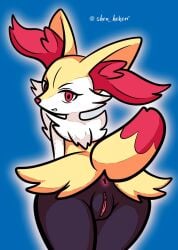 anus back_view blue_background blush braixen genitals heart looking_at_viewer no_humans outline pokemon pokemon_(species) pussy red_eyes shen_hokori simple_background smile solo standing white_outline