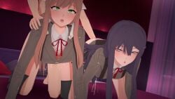 2girls 2girls1boy 3d ahegao ambiguous_penetration artist_request doggy_style doki_doki_literature_club from_behind from_behind_position human human_only light-skinned_female light-skinned_male light_skin monika_(doki_doki_literature_club) on_bed sex threesome yuri_(doki_doki_literature_club)