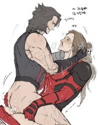 2boys anal ass blood blood_on_face blush bodysuit bottomless brown_hair closed_mouth crying crying_with_eyes_open cum cum_in_ass deadpool_&_wolverine deadpool_(series) ejaculating_while_penetrated ejaculation facial_hair gay grabbing_another's_ass grabbing_another's_hair groping gyeleul hair_bun highres large_pectorals leg_hair long_hair looking_at_another marvel marvel_cinematic_universe marvel_comics multiple_boys muscular muscular_male muscular_uke nicepool nosebleed pectorals penis power_bottom red_bodysuit sex single_hair_bun single_hand sitting sitting_on_person smile straddling superhero_costume sweat tears translation_request wolverine_(x-men) x-men yaoi