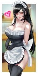 1girls apron arialla_draws big_breasts black_hair breasts choker cleavage clothed female final_fantasy final_fantasy_vii hi_res long_hair looking_at_viewer maid maid_apron maid_headdress maid_uniform pale_skin red_eyes smile solo thighhighs tifa_lockhart