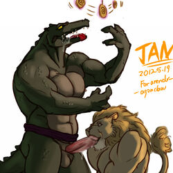 2boys abs alligator anthro balls belt biceps big_muscles blue_eyes bottomless brown_fur brown_hair brown_skin clothed clothing cum dripping drooling duo erection fangs feline fellatio flexing fur furry furry_only gay green_skin hair half-dressed horn humanoid_penis hypnosis interspecies jiandou kneeling leatherhead lion male male_only mammal mind_control muscles nude open_mouth oral pecs penis plain_background pose precum reptile saliva scales scalie sex standing tan_fur teenage_mutant_ninja_turtles teeth toned tongue topless white_background yaoi yellow_eyes