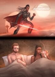 1boy1girl after_sex bed berrythelothcat blanket blue_eyes cape cigar cigarette dark-skinned_female facial_hair hetero holding_weapon interracial_sex lightsaber obi-wan_kenobi obiwan pillow reva_sevander smoke smoking star_wars sword weapon