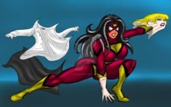 black_hair blonde_hair disguise gloves jessica_drew johnnyharadrim marvel marvel_comics mask red_suit shirt skinsuit spider-woman superhero_costume superheroine taking_clothes_off white_shirt