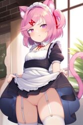 :t ai_generated blush cat_ears cat_tail catgirl doki_doki_literature_club dress_lift human human_only indoors light-skinned_female light_skin looking_at_viewer maid maid_headdress maid_uniform natsuki_(doki_doki_literature_club) no_panties pout showing_off showing_pussy skirt_lift