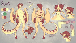 2014 abs abstract_background anthro erection flaccid floppy_ears front_view hair horn humanoid_penis hybrid looking_at_viewer looking_away male model_sheet muscles pecs penis red_hair reptile scalie short_hair side_view snake unigan vein whitephox wings