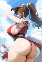 ai_generated arms_up big_ass big_breasts fatal_fury jaygoats king_of_fighters long_hair looking_at_viewer looking_back mai_shiranui milf sideboob smile thick_thighs