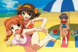 3girls arm_grab asahina_mikuru beach bikini breasts brown_hair food fruit hairband holding holding_food holding_fruit holding_watermelon large_breasts multiple_girls nagato_yuki orange_hairband outdoors short_hair star_(symbol) star_print striped_bikini striped_clothes suzumiya_haruhi suzumiya_haruhi_no_yuuutsu swimsuit takemoto_yasuhiro tears umbrella vertical-striped_bikini vertical-striped_clothes watermelon