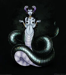 2014 anthro black_hair black_lips black_nipples black_sclera blue_skin breasts dark eliana-asato female gold hair jewelry lamia long_hair naga nipples nude purple_eyes reptile scalie sephira snake solo