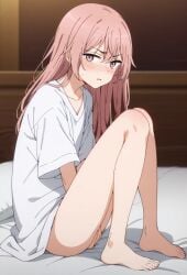 ai_generated angry_face bare_legs blush curvaceous curvy_female embarrassed inui_sajuna kiwifruit0501 light-skinned_female light_skin long_hair looking_at_viewer pink_eyes pink_hair solo_female sono_bisque_doll_wa_koi_wo_suru squatting sweat sweatdrop t-shirt thick_thighs thighs