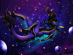 2014 anthro black_hair blue_nipples breasts dragon eliana-asato falling female glowing glowing_nipples green_eyes hair horn long_hair nipples nude planet purple_skin solo space spacescape star yellow_claws