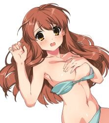 asahina_mikuru bikini blush breasts brown_eyes brown_hair collarbone commentary_request covering_breasts covering_privates female green_bikini hand_on_own_chest hands_up highres ichimi_renge large_breasts linea_alba long_hair looking_at_viewer navel open_mouth second-party_source simple_background solo suzumiya_haruhi_no_yuuutsu swimsuit wardrobe_malfunction wavy_mouth white_background