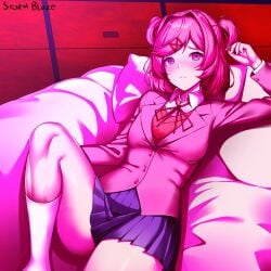 bedroom_eyes before_sex blush blush doki_doki_literature_club looking_at_viewer natsuki_(doki_doki_literature_club) on_back on_bed stormblaze76