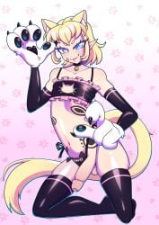 black_stockings blonde_hair blue_eyes cat_ears cat_gloves cat_lingerie cat_paws cat_tail collar collar_with_bell femboy melodythewitch melodythewitch_(artist) penis penis_out penis_out_of_underwear tattoo_on_chest tattoos