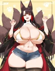 1girls ai_generated akagi_(azur_lane) azur_lane big_breasts bikini breasts brown_hair enormous_breasts female female_focus female_only fox_ears fox_girl huge_breasts kitsune large_breasts light-skinned_female looking_at_viewer red_eyes shorts smiling smiling_at_viewer thick_thighs thighs