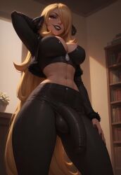 1futa abs ai_generated black_clothing black_lipstick blonde_hair bulge bulge_through_clothing clothing cynthia_(pokemon) dickgirl erection futa_only futanari goth huge_ass huge_breasts huge_cock jacket looking_at_viewer makeup navel nintendo pants pokemon pokemon_dppt smile solo taker_pov tank_top testicles velonix