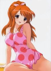 alternate_hairstyle asahina_mikuru breasts cameltoe casual_one-piece_swimsuit cleavage dress_swimsuit female frilled_one-piece_swimsuit frills large_breasts one-piece_swimsuit orange_eyes orange_hair polka_dot polka_dot_swimsuit ponytail scan sitting smile solo suzumiya_haruhi_no_yuuutsu swimsuit tim_tim_machine