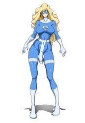 1futa athletic_futanari balls big_breasts big_penis blonde_hair bodysuit eyemask flaccid_penis futa_woman futanari gloves halfro intersex large_breasts long_hair long_penis penis penis_outline pinup skin_tight superheroine toned_stomach