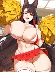 1girls ai_generated akagi_(azur_lane) azur_lane big_breasts breasts brown_hair cheerleader cheerleader_uniform enormous_breasts female female_focus female_only fox_ears fox_girl huge_breasts kitsune large_breasts light-skinned_female looking_at_viewer red_eyes smiling thick_thighs thighs