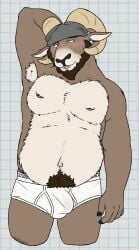 2024 5_fingers anthro armpit_hair beard bedroom_eyes belly big_belly biped black_nose blush body_hair bovid bovid_horn briefs brown_body brown_eyebrows brown_fur bulge caprine caprine_horn carl_hendricks checkered checkered_background clothed clothing detailed_bulge digital_drawing_(artwork) digital_media_(artwork) echo_(game) echo_(series) echo_project eyebrows facial_hair fingers fluffy_chest fur goatee green_eyes hand_behind_head happy_trail headgear hi_res hooved_fingers hooves horn kerchief looking_aside male male_anthro mammal monotone_briefs monotone_clothing monotone_underwear multicolored_body narrowed_eyes navel nipples overweight overweight_male partially_clothed partially_clothed_male pattern_background pink_nipples portrait pubes ram_horn seductive sheep simple_background solo standing tan_inner_ear three-quarter_portrait tighty_whities topless topless_male translucent translucent_clothing translucent_underwear underwear unsafescapewolf white_background white_briefs white_clothing white_sclera white_underwear