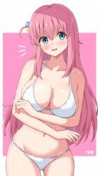 1girls absurdres arm_under_breasts bare_arms bare_belly bare_midriff bare_shoulders bare_thighs belly belly_button bikini blue_eyes blush blush_lines bocchi_the_rock! breasts busty cleavage collarbone dot_nose elbows embarrassed female female_only gotoh_hitori gotou_hitori groin hair_between_eyes hair_ornament head_tilt high_resolution highres large_breasts lean_body lean_figure legs light-skinned_female light_skin long_hair looking_at_viewer narrow_waist navel nervous nervous_smile open_mouth parted_lips pink_background pink_hair school_girl shiny_legs shiny_shoulders shiny_skin shiny_thighs shoulders shy shy_expression shy_smile simple_background slender_body slender_waist slim_girl slim_waist smile solo standing string_bikini sweat sweatdrop swimsuit teenage_girl teenager tenpa_(tenpa2190) thick_thighs thigh_gap thighs thin_waist tilted_head tongue tsuruyama_(tenten) upper_body upper_teeth v-line white_background white_bikini white_border white_swimsuit