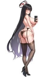 big_breasts black_hair blue_archive covered_nipples halo huge_ass onedoo panties phone rio_(blue_archive) selfie stockings thick_thighs