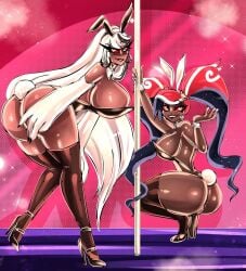 2demons 2girls big_ass big_breasts bitterbunz bunnysuit carmilla_carmine demon demon_girl demon_girls demon_humanoid demoness demons giant_ass hazbin_hotel pole velmilla velvette_(hazbin_hotel) yuri