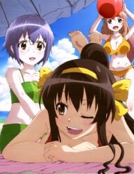 3girls :d ;d absurdres asahina_mikuru ball barefoot beach beach_umbrella beachball bikini blush breasts brown_eyes brown_hair cleavage cloud day feet foreshortening glasses green_bikini hair_ribbon hairband highres imageboard_desourced large_breasts long_hair lying multiple_girls nagato_yuki navel non-web_source official_alternate_hair_length official_alternate_hairstyle official_art on_stomach one_eye_closed open_mouth orange_bikini outdoors ponytail purple_hair ribbon short_hair sidelocks sitting sky smile soles standing suzumiya_haruhi suzumiya_haruhi_no_yuuutsu swimsuit teeth the_pose umbrella