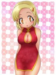 angol_mois blonde_hair bottomless breasts brown_eyes china_dress chinese_clothes cleavage dark_skin dress female flower gyaru hair_ornament hairclip hakkatou keroro_gunsou