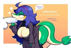 <3_eyes absurd_res accessory ahoge ai_generated anthro ass balls big_breasts blue_hair blush bodily_fluids breasts cleavage clothed clothing cum cum_in_mouth curvy_figure disembodied_penis duo erection eyelashes fellatio female female_focus female_penetrated generation_5_pokemon genital_fluids genitals green_body hair half-closed_eyes heart hellsonger hi_res huge_breasts interspecies kneeling long_hair male male/female male_penetrating male_penetrating_female narrowed_eyes nintendo oral oral_penetration orange_background penetration penile penis pokemon pokemon_(species) purple_hair red_eyes saliva sex simple_background snex_maniac snivy solo_focus sweater text thick_thighs wide_hips