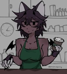 apron apron_only barista big_breasts breasts brown_hair cafe cleavage coffee_cup coffee_shop demonispicy eye_contact fox_ears gloves large_breasts looking_at_viewer pov starbucks sweatdrop