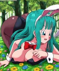 all_fours animal_ears animal_tail aqua_hair ass bangs bare_shoulders black_leotard black_pantyhose blue_eyes blue_hair blush bow bowtie breasts bulma_briefs bunny_ears bunny_girl bunny_tail bunnysuit cleavage clothing detached_collar dragon_ball fake_animal_ears female female female_only flower forest large_breasts legwear leotard long_hair looking_at_viewer lying nature open_mouth outdoors pantyhose playboy_bunny red_bow red_bowtie smile solo strapless strapless_leotard tail thighs tree wrist_cuffs