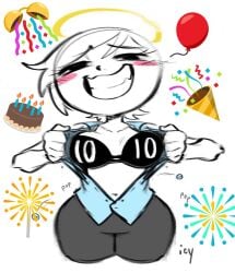 birthday black_bra bra breasts button_pop buttons female female_focus female_only halo iseenudepeople original original_character popped_button popped_buttons smile smiling spicysona teeth teeth_showing toothy_smile