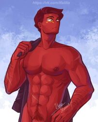 1boy abs clothing countryhumans erect_nipples freckles hair holding_object ifa_lilia_(artist) looking_up muscular muscular_male naked penis pubic_hair red_body red_hair red_penis scar scars soviet_union_(countryhumans) watermark