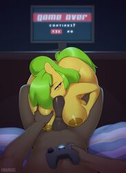 1boy 1girls 3mangos animal_genitalia animal_penis anthro areolae blush breasts controller duo earth_pony equine equine_penis faceless_male fellatio female friendship_is_magic green_hair hair hair_over_one_eye hasbro horse horsecock large_areolae large_breasts male mammal mango_(3mangos) mango_(character) my_little_pony nipples nude oral original original_character paizuri penis pony pov sex shiny shiny_hair shiny_skin straight