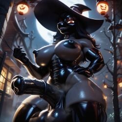 ai_generated anthro collar corset creepy elbow_gloves futanari halloween huge_balls huge_cock lantern latex mask pony thighhighs veiny_penis witch_hat