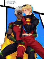 blonde_hair blue_eyes brown_eyes conner_kent_cosplay cosplay dark-skinned_male dark_skin ekko ezreal gay glasses glasses_on_head gloves hand_in_panties hero jacket lawwclair league_of_legends league_of_legends:_wild_rift light-skinned_male light_skin male male_only mask masked masked_male sitting_on_lap sitting_on_person superhero superhero_costume tim_drake_cosplay white_hair