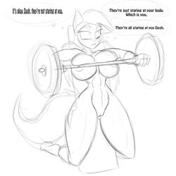 2014 anthro anthrofied big_breasts black_and_white blush breasts cutie_mark embarrassed english_text equine female fingerless_gloves friendship_is_magic full-length_portrait gloves gym jrvanesbroek lying mammal monochrome my_little_pony navel nipples nude on_back pegasus pussy rainbow_dash_(mlp) sketch solo straight_hair sweat text thought_bubble weight weightlifting wings